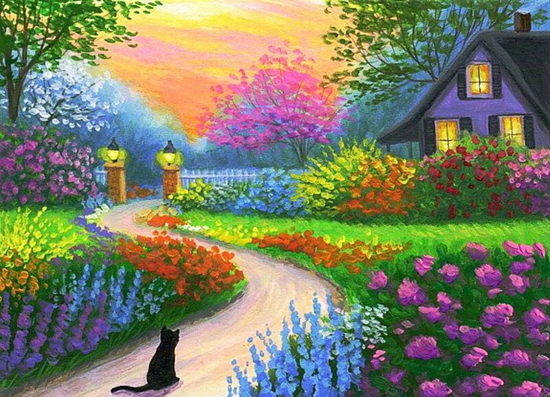 Black Cat on Path — Green, Serene
