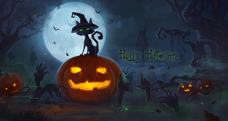 Black Cat on Pumpkin — Orange, Spooky, Night, Digital Art
