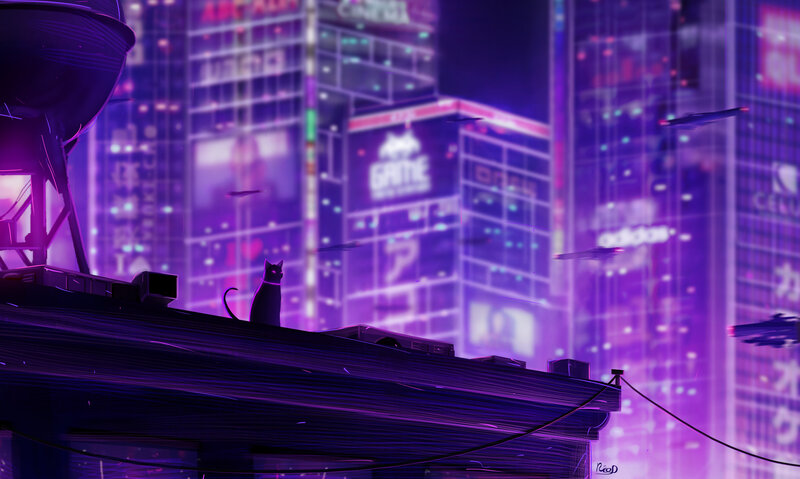 Black Cat on Rooftop — Purple