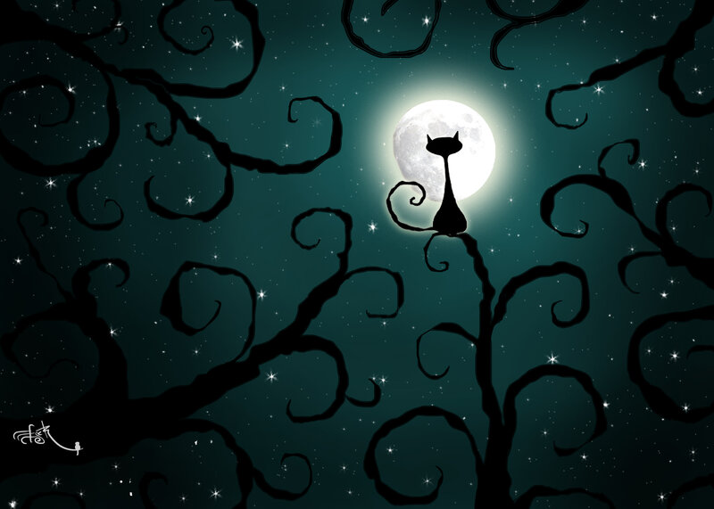 Black Cat on Tree Branch — Mysterious