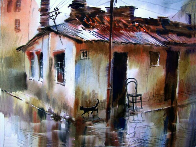 Black Cat on Wet Street