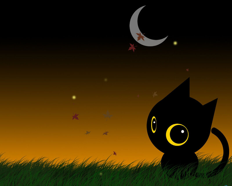black cat under crescent moon