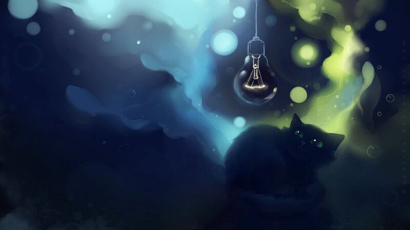 Black Cat under Light Bulb — Blue, Dreamy