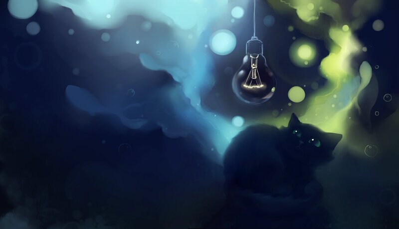 Black Cat under Light Bulb — Blue