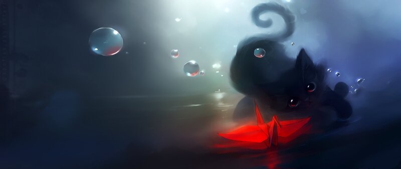 Black Cat Underwater — Serene, Digital Art, Bubbles, Origami Crane, Light