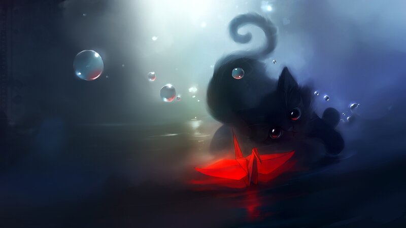 Black Cat Underwater — Serene, Digital Art, Bubbles, Origami Crane