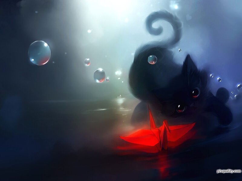 Black Cat Underwater — Serene, Digital Art, Bubbles, Origami