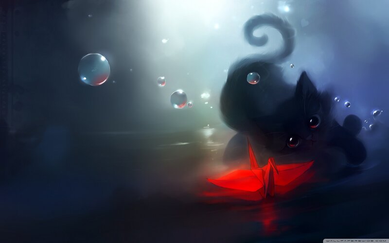 Black Cat Underwater — Serene, Digital Art, Bubbles