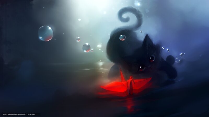 black cat underwater with red origami