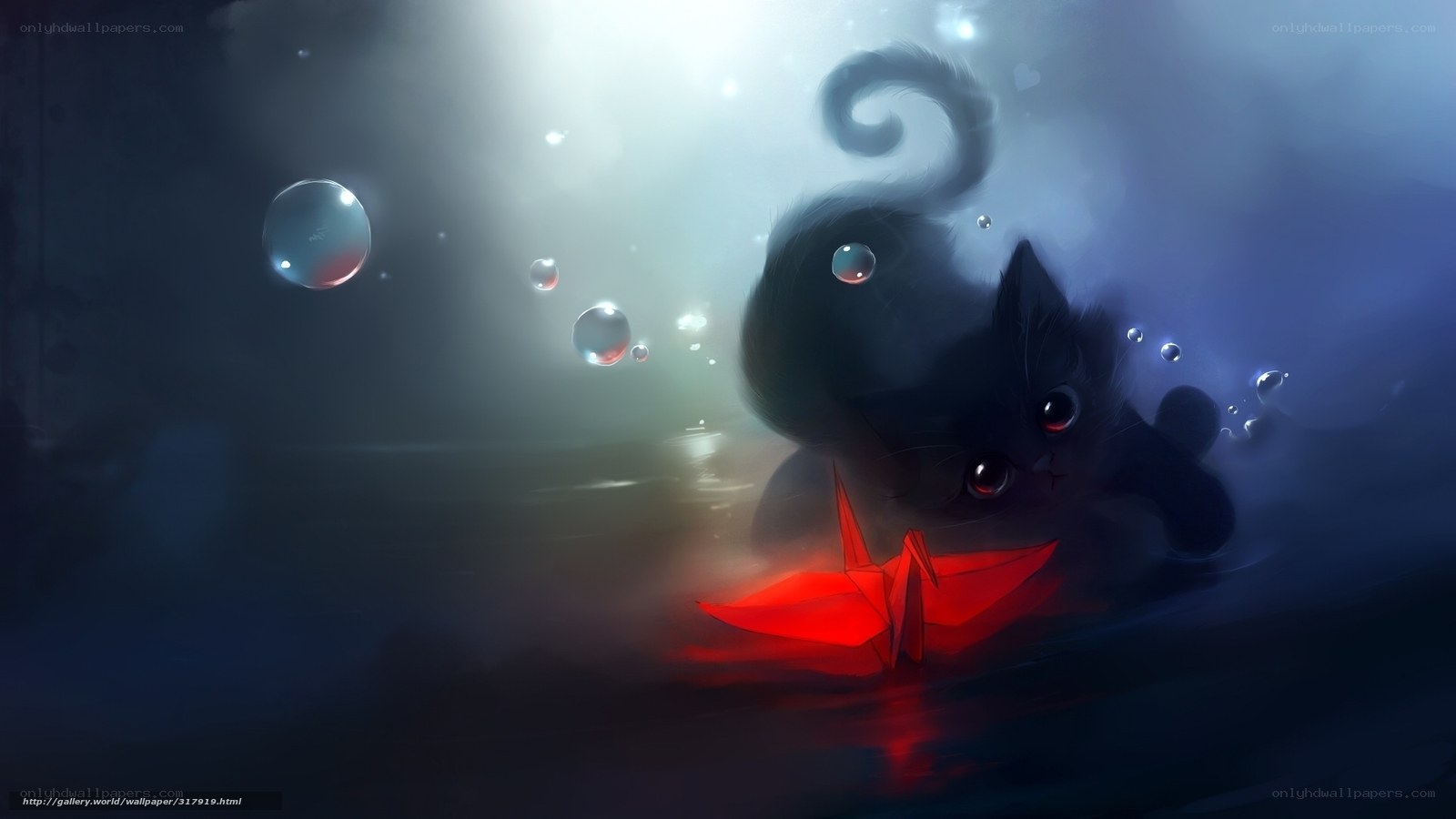 black cat underwater with red origami