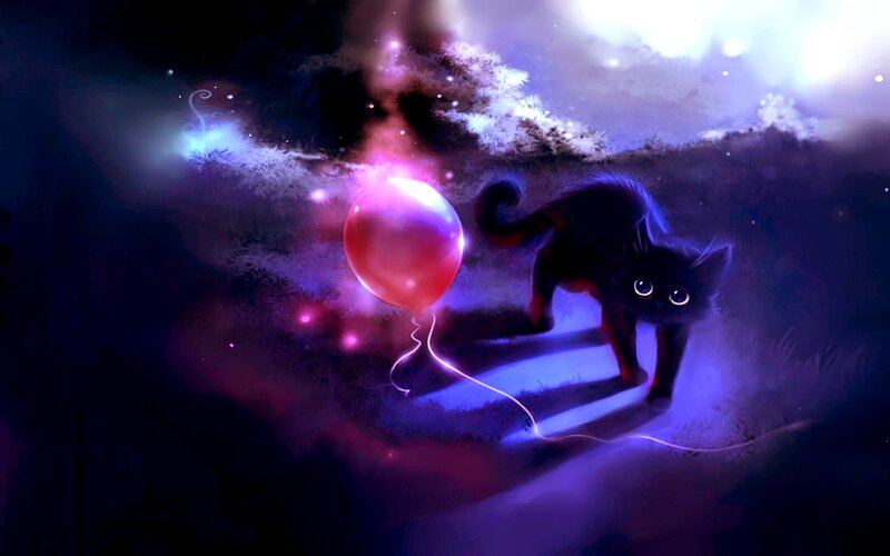 Black Cat with Balloon — Purple, Dreamy