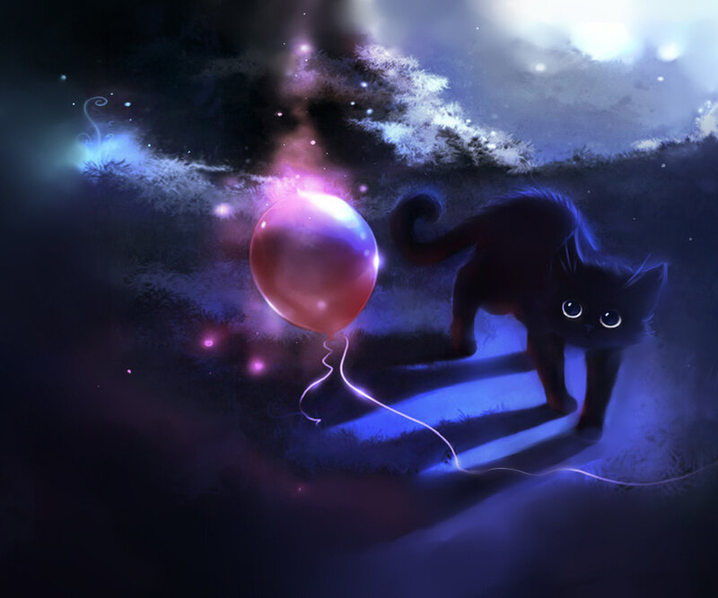 Black Cat with Balloon — Purple, Mysterious