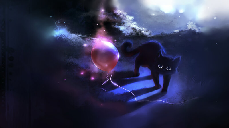 Black Cat with Balloon — Purple
