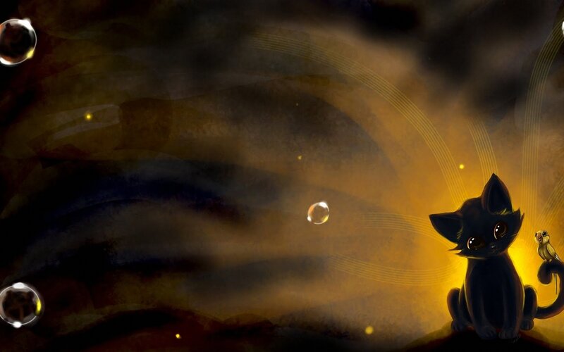 Black Cat with Bird — Dramatic