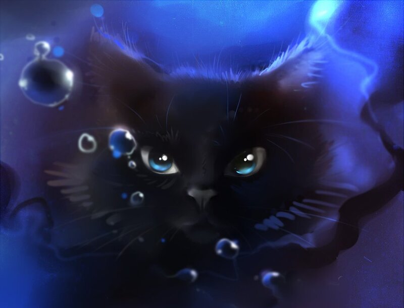 Black Cat with Blue Eyes — Dramatic, Digital Art