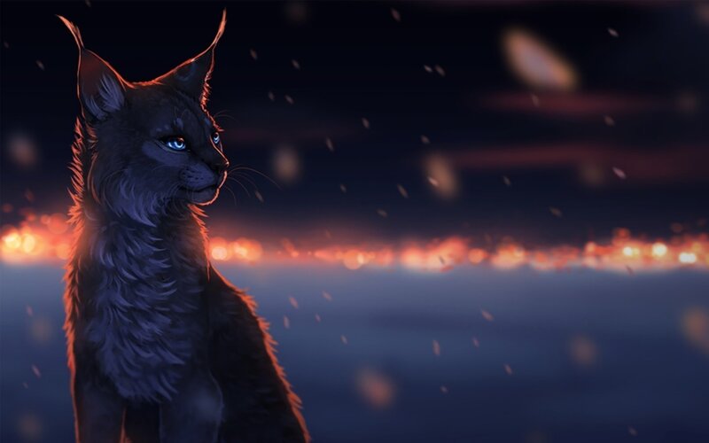 Black Cat with Blue Eyes — Dramatic, Night, Digital Art, Fire