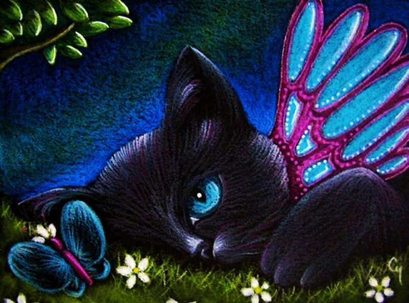 Black Cat with Butterfly Wings — Blue