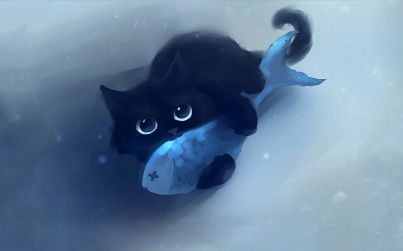 Black Cat with Fish — Blue