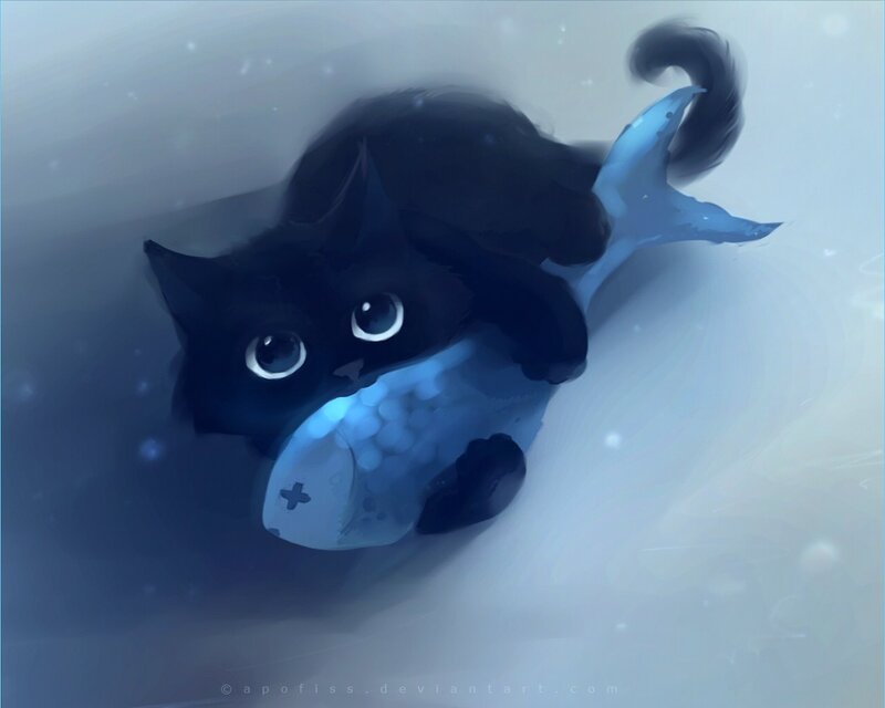 Black Cat with Fish Tail — Blue, Serene, Digital Art