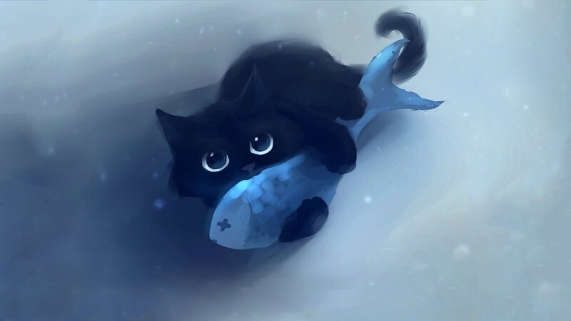 Black Cat with Fish Tail — Blue, Serene, Winter, Digital Art, Fish Tail