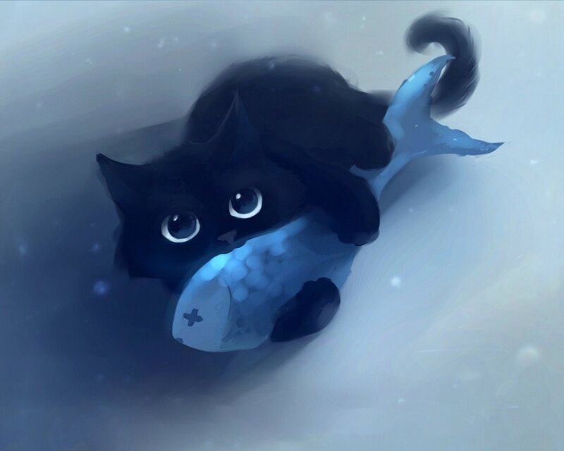 Black Cat with Fish Tail — Blue, Serene, Winter, Digital Art