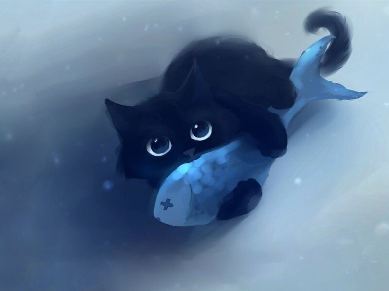 Black Cat with Fish Tail — Blue, Serene, Winter