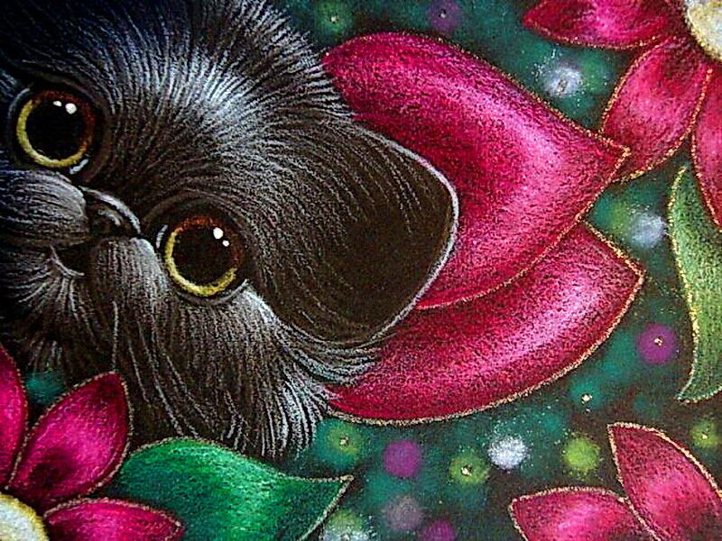 Black Cat with Flowers — Red