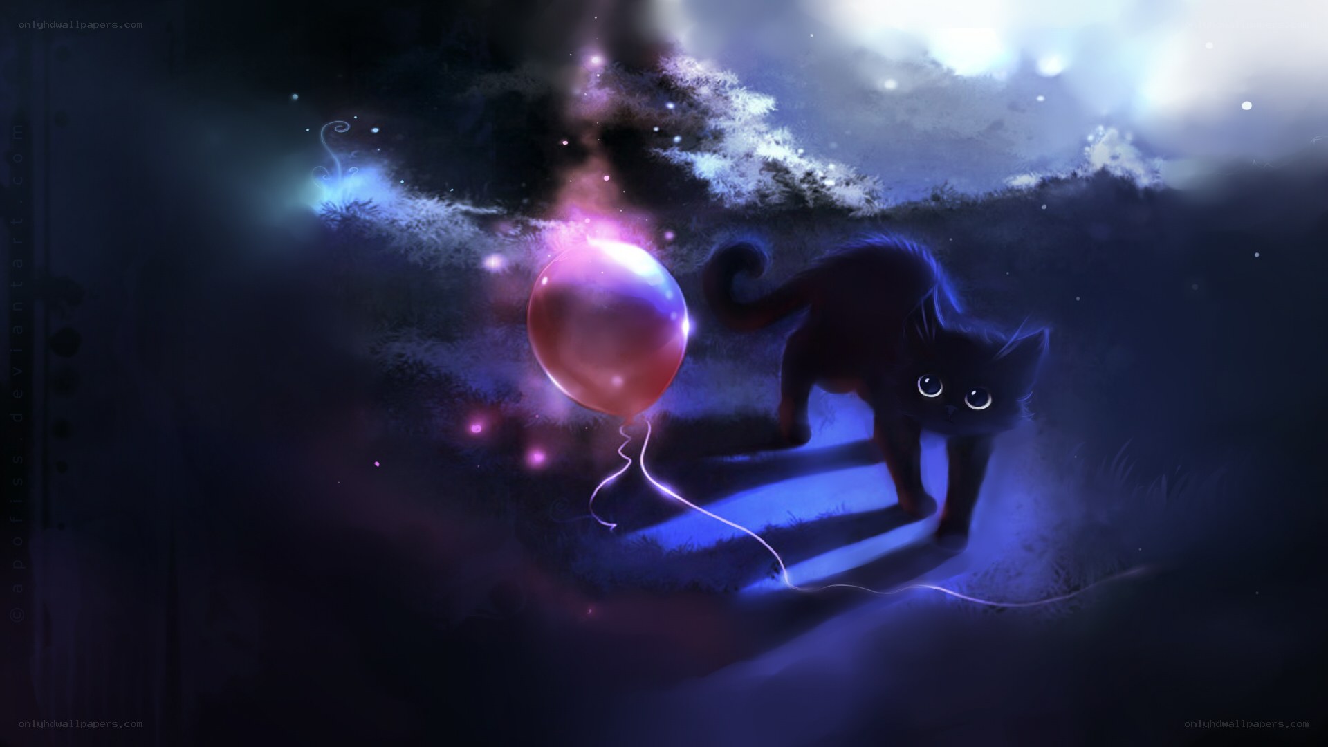 black cat with glowing balloon
