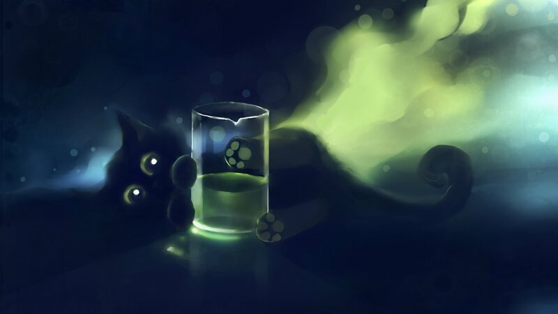 Black Cat with Glowing Eyes — Dark Blue, Mysterious, Night