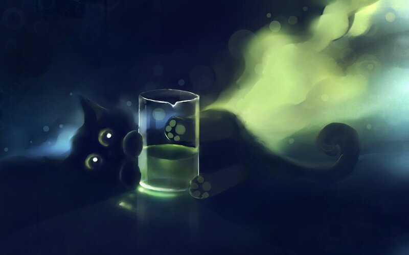 Black Cat with Glowing Eyes — Dark Blue, Mysterious