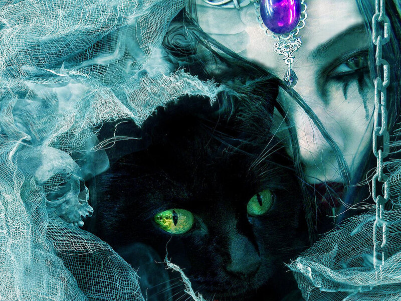 Black Cat with Glowing Eyes — Dark, Night, Digital Art