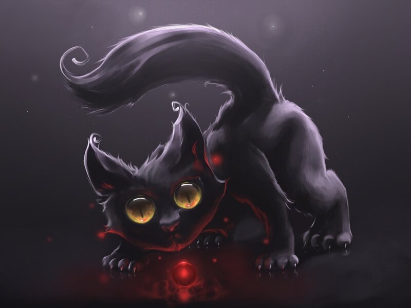 Black Cat with Glowing Eyes — Dramatic, Night, Digital Art, Glowing Eyes, Red Light