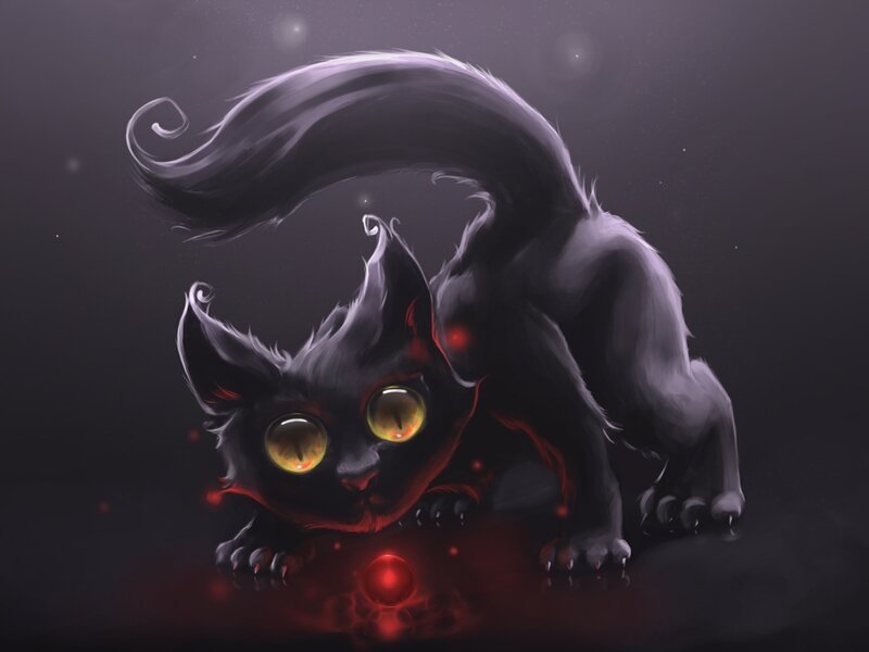 Black Cat with Glowing Eyes — Dramatic, Night, Digital Art, Glowing Red Orb