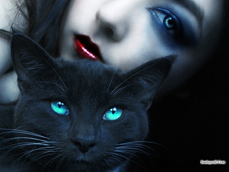 Black Cat with Glowing Eyes — Dramatic, Night, Digital Art, Woman, Red Lipstick