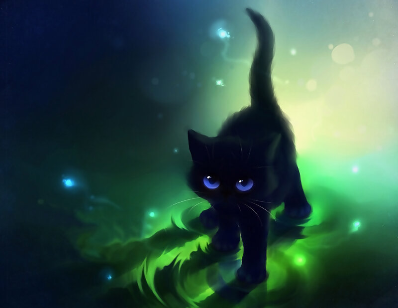 Black Cat with Glowing Eyes — Green, Mystical