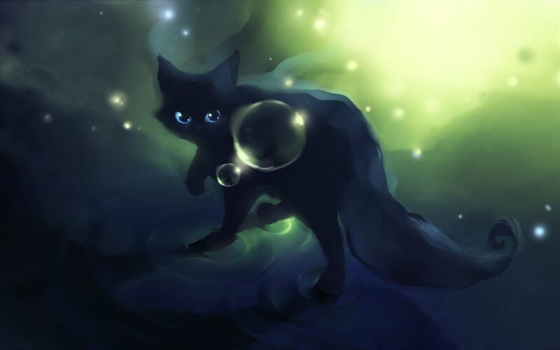 Black Cat with Glowing Eyes — Mystical, Night, Digital Art, Bubbles