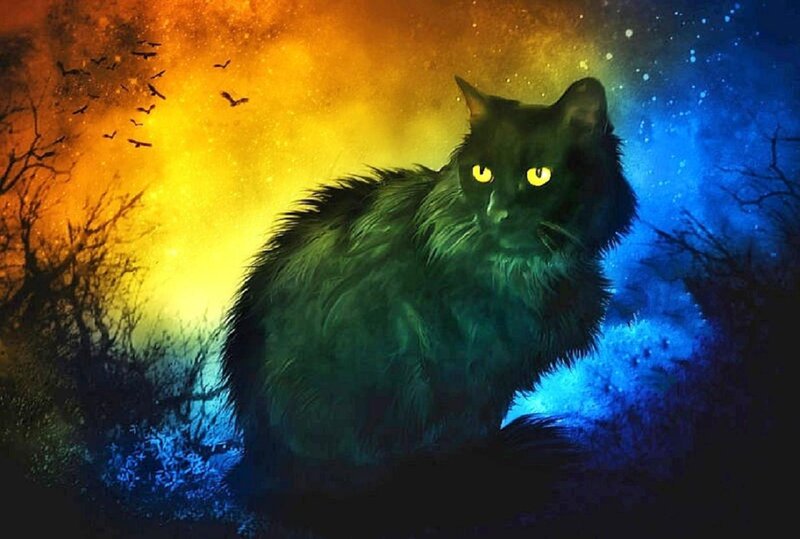 Black Cat with Glowing Eyes — Yellow, Dramatic