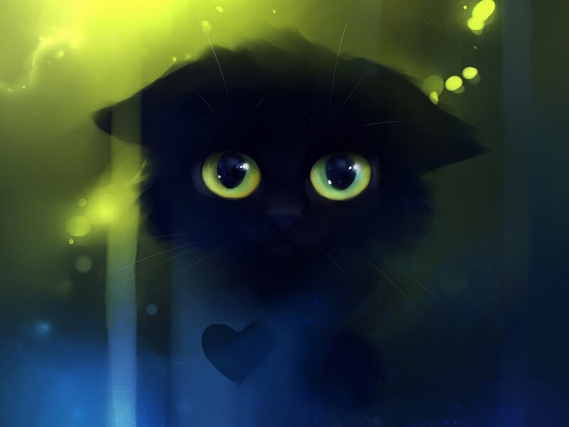 Black Cat with Glowing Eyes — Yellow, Mysterious, Night