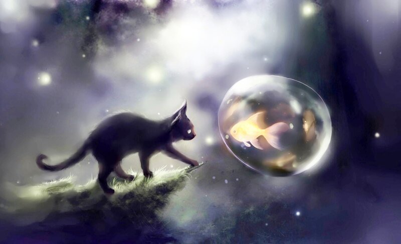 Black Cat with Goldfish