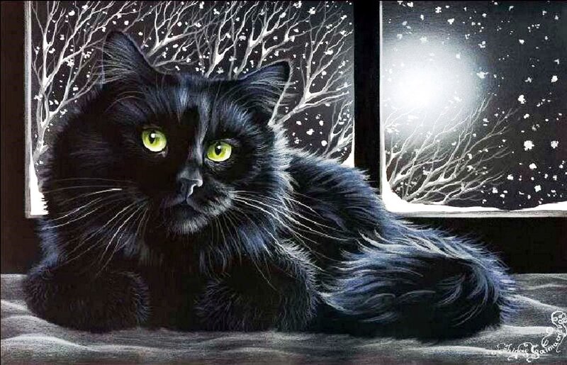 Black Cat with Green Eyes — Dramatic, Night, Digital Art, Window