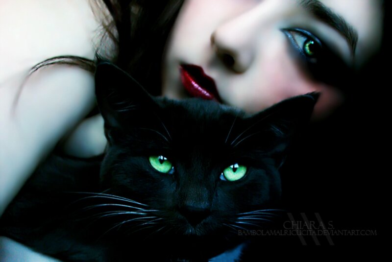 Black Cat with Green Eyes — Dramatic, Night, Digital Art, Woman