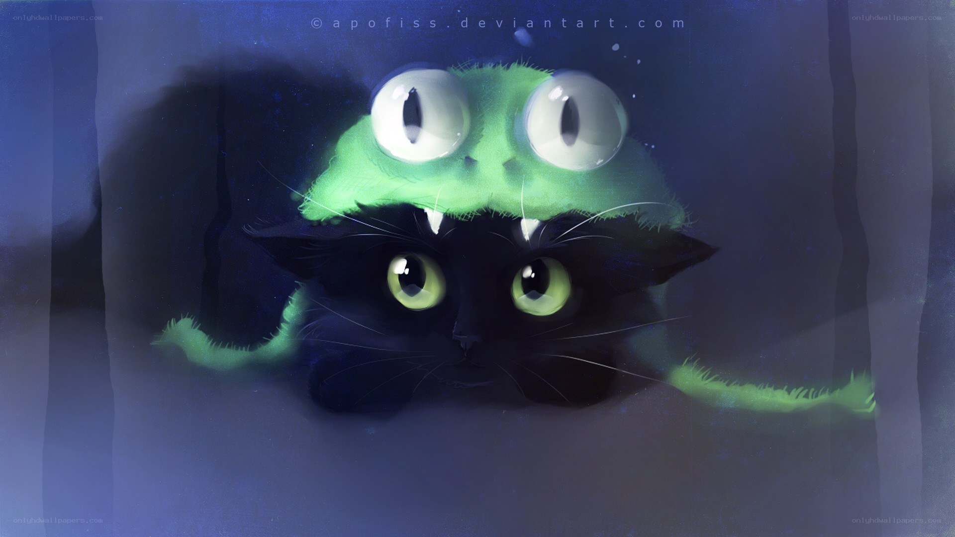 black cat with green hat