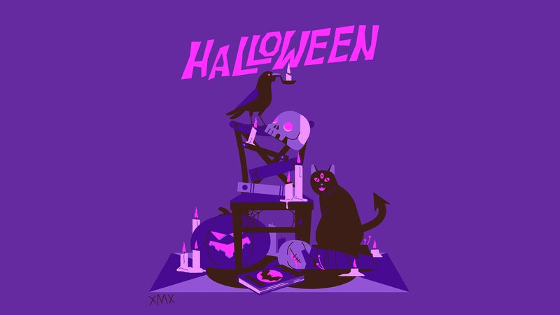 Black Cat with Halloween Items