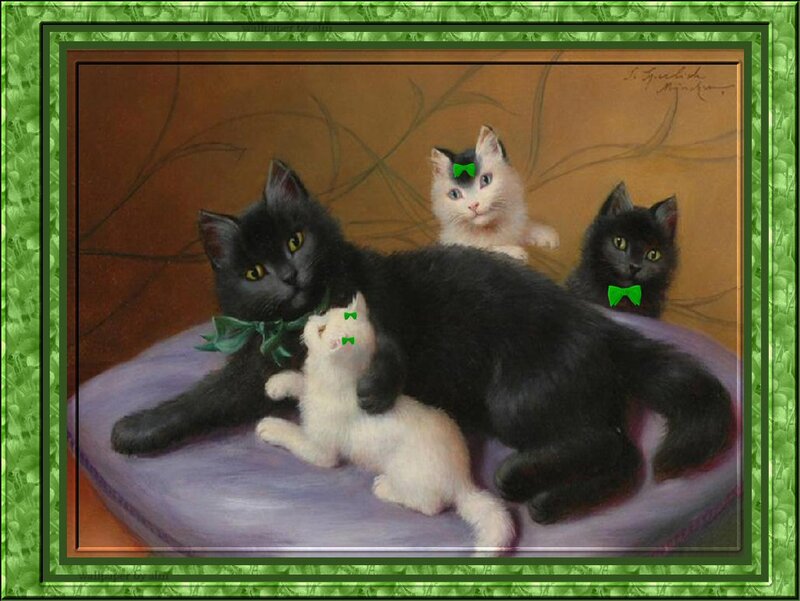 Black Cat with Kittens — Calm, Painting