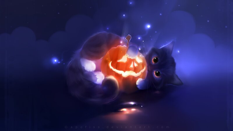 Black Cat with Pumpkin — Blue, Magical