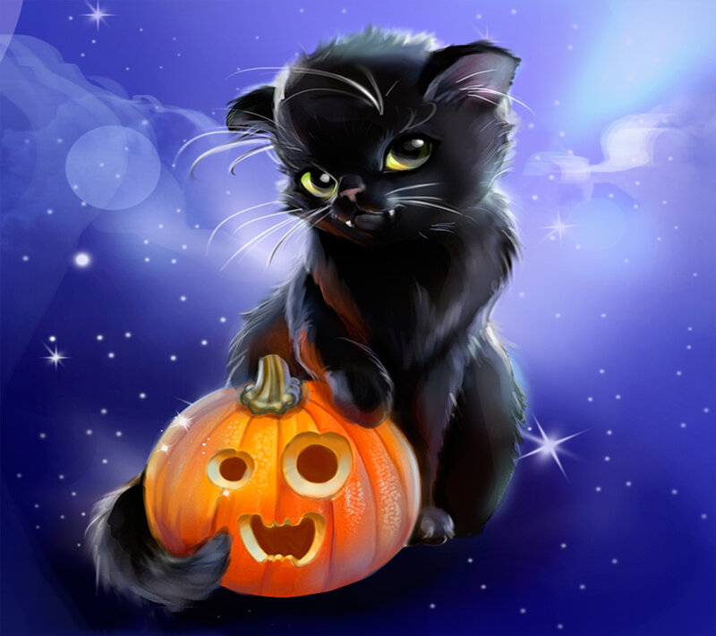 Black Cat with Pumpkin — Purple, Festive