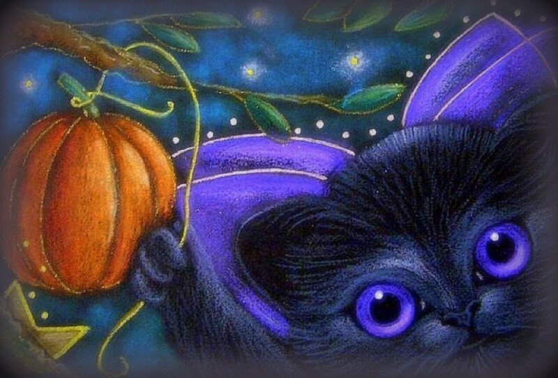 Black Cat with Pumpkin — Purple