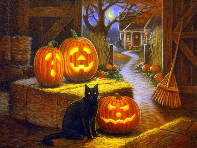 Black Cat with Pumpkins — Orange, Creepy