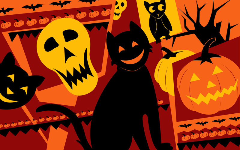 Black Cat with Pumpkins — Orange, Festive, Night, Vector Art