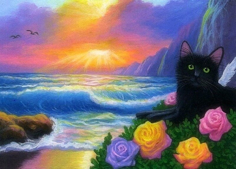 Black Cat with Roses — Purple